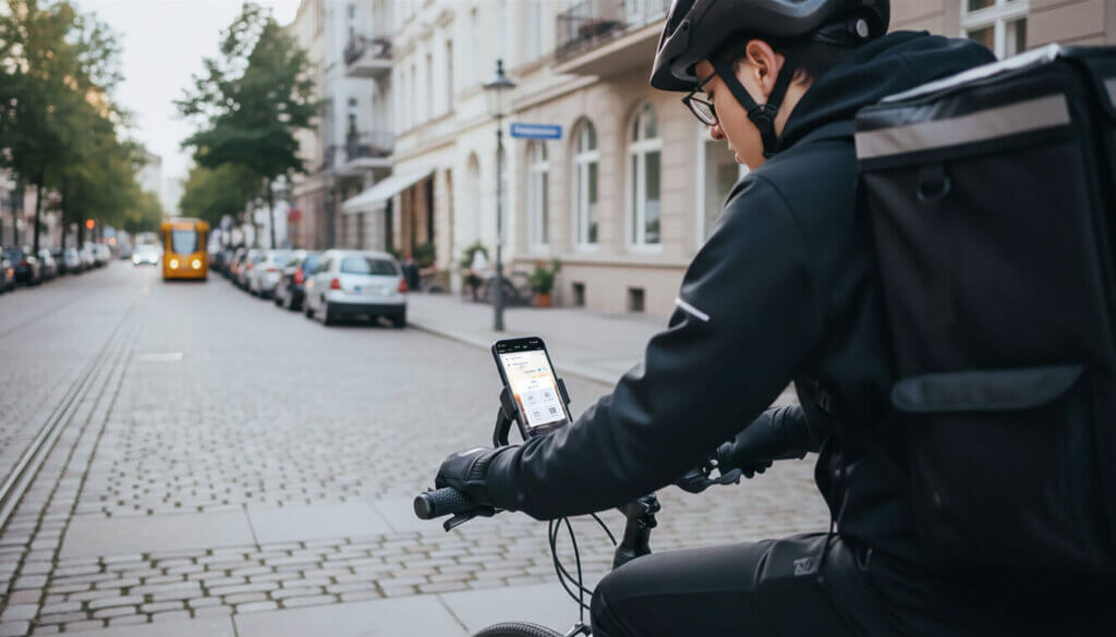 Eine Person, die einen schwarzen Helm und eine schwarze Jacke trägt, fährt mit dem Fahrrad auf einer Straße in der Stadt, trägt einen großen Rucksack und überprüft ihr Smartphone auf Aktualisierungen des SIDES Kassensystems. Im Hintergrund sind geparkte Autos und eine Straßenbahn zu sehen.