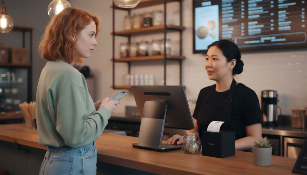 Eine Frau mit einem Smartphone in der Hand steht an der Theke eines Cafés und spricht mit einem Barista hinter der Kasse, an der ein SIDES Kassensystem im Einsatz ist. Im Hintergrund sind Regale, eine Speisekartentafel und ein Quittungsdrucker zu sehen.